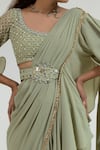 Merge Design_Green Embroidered Mirror Scoop Neck Pre-draped Ruffle Saree With Blouse_at_Aza_Fashions
