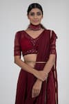 Merge Design Maroon Sequin, Thread And Beads V Neck Pre-draped Saree With Embroidered Blouse at Aza Fashions Merge Design_Maroon Sequin, Thread And Beads V Neck Pre-draped Saree With Embroidered Blouse _at_Aza_Fashions
