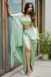 Buy_Merge Design_Green Beads And Sequin V Neck Embroidered Blouse & Dhoti Skirt Set_at_Aza_Fashions