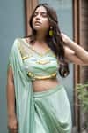 Shop_Merge Design_Green Beads And Sequin V Neck Embroidered Blouse & Dhoti Skirt Set_at_Aza_Fashions