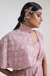 Merge Design_Pink Georgette Blend Embroidery Thread Saree Gown With One Sided Cape Collar _at_Aza_Fashions