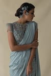 Buy_Merge Design_Blue Net Pre-draped Saree With Blouse_Online_at_Aza_Fashions