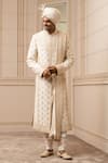 Buy_Tarun Tahiliani_White Sherwani And Kamarbandh Matka Silk Embroidered Aari Set _at_Aza_Fashions