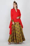 Buy_Nikasha_Red Silk, Rayon Mandarin Collar Asymmetric Kurta And Skirt Set _at_Aza_Fashions