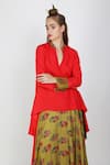 Nikasha_Red Silk Mandarin Collar Asymmetric Kurta And Skirt Set For Women_Online_at_Aza_Fashions