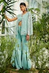 Shop_Kamaali Couture_Blue Satin Embellished Pearl Jacket Round Bell Pant Set With  _at_Aza_Fashions