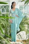 Buy_Kamaali Couture_Green Satin Embellished Feathers V Neck Draped Saree Gown  _at_Aza_Fashions