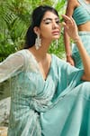 Kamaali Couture_Green Satin Embellished Feathers V Neck Draped Saree Gown  _Online_at_Aza_Fashions