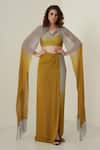 Shop_Merge Design_Yellow Sequin And Pearl V Neck Shaded Shrug & Skirt Set _Online_at_Aza_Fashions