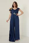 Buy_Merge Design_Blue Modal Satin Embroidery Sequin V Neck Draped Jumpsuit _at_Aza_Fashions