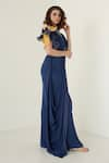 Merge Design_Blue Modal Satin Embroidery Sequin V Neck Draped Jumpsuit _Online_at_Aza_Fashions