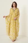 Buy_Merge Design_Yellow Kaftan Chiffon Embroidery Stone V Neck Tie Dye _at_Aza_Fashions