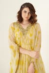 Shop_Merge Design_Yellow Kaftan Chiffon Embroidery Stone V Neck Tie Dye _at_Aza_Fashions