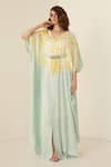 Buy_Merge Design_Green Modal Satin Plain V Neck Tie Dye Ombre Kaftan _Online_at_Aza_Fashions