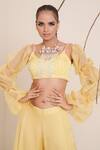 Buy_Merge Design_Yellow Lining Crepe, Sleeves Organza, Top And Pant Embroidered Flared Set _Online_at_Aza_Fashions