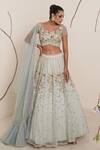 Merge Design_Blue Blouse Net, Lehenga And Dupatta Organza, Lining Floral Embroidered Set_Online_at_Aza_Fashions