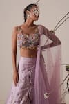 Merge Design_Purple Blouse Net Embroidery Applique Sweetheart Neck Abstract Lehenga Set _at_Aza_Fashions