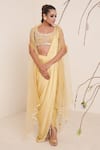 Buy_Merge Design_Yellow Blouse Net Embroidery Mirror Scoop Neck Pre-draped Saree With _at_Aza_Fashions