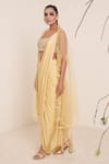 Buy_Merge Design_Yellow Blouse Net Embroidery Mirror Scoop Neck Pre-draped Saree With _Online_at_Aza_Fashions