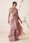 Merge Design_Pink Blouse Net Embroidery Sequins V Neck Pre-draped Ruffle Saree With _Online_at_Aza_Fashions