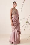 Buy_Merge Design_Pink Blouse Net Embroidery Sequins V Neck Pre-draped Ruffle Saree With _Online_at_Aza_Fashions