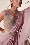 Merge Design_Pink Blouse Net Embroidery Sequins V Neck Pre-draped Ruffle Saree With _at_Aza_Fashions