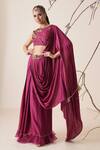 Shop_Merge Design_Wine Net Pre-draped Saree With Blouse_at_Aza_Fashions