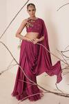 Merge Design_Wine Net Pre-draped Saree With Blouse_Online_at_Aza_Fashions