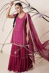 Merge Design_Wine Top Modal Satin Embroidery Pearl Wide V Kurta Sharara Set _Online_at_Aza_Fashions