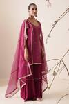 Shop_Merge Design_Wine Top Modal Satin Embroidery Pearl Wide V Kurta Sharara Set _Online_at_Aza_Fashions