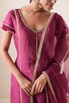 Merge Design_Wine Top Modal Satin Embroidery Pearl Wide V Kurta Sharara Set _at_Aza_Fashions