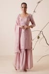 Buy_Merge Design_Pink Top And Pant Modal Satin Embroidery Pearl Scoop Neck Kurta Gharara Set _at_Aza_Fashions