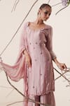 Buy_Merge Design_Pink Top And Pant Modal Satin Embroidery Pearl Scoop Neck Kurta Gharara Set _Online_at_Aza_Fashions