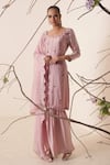 Shop_Merge Design_Pink Top And Pant Modal Satin Embroidery Pearl Scoop Neck Kurta Gharara Set _Online_at_Aza_Fashions
