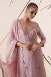 Merge Design_Pink Top And Pant Modal Satin Embroidery Pearl Scoop Neck Kurta Gharara Set _at_Aza_Fashions