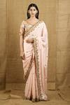 Buy_Shloka Sudhakar_Peach Raw Silk, Crepe Scoop Neck Embroidered Saree With Blouse _at_Aza_Fashions