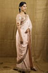 Shloka Sudhakar_Peach Raw Silk, Crepe Scoop Neck Embroidered Saree With Blouse _Online_at_Aza_Fashions