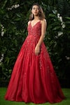 Buy_Mirroir_Red Silk Organza Embellished V Neck Gown _at_Aza_Fashions