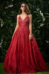 Shop_Mirroir_Red Silk Organza Embellished V Neck Gown _at_Aza_Fashions