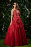 Mirroir_Red Silk Organza Embellished V Neck Gown _Online_at_Aza_Fashions