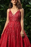 Buy_Mirroir_Red Silk Organza Embellished V Neck Gown _Online_at_Aza_Fashions