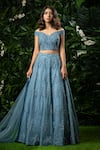 Shop_Mirroir_Blue Organza And Net Embellished Bead One Shoulder Lehenga Set _at_Aza_Fashions