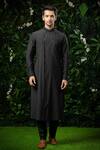 Shop_Mirroir_Black Cotton Silk, Poly Blend, Suiting Asymmetric Bundi And Kurta Set _at_Aza_Fashions