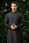 Buy_Mirroir_Black Cotton Silk, Poly Blend, Suiting Asymmetric Bundi And Kurta Set _Online_at_Aza_Fashions