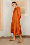 Ayaka_Orange 100% Mulberry Silk Embroidery Band Tiered Midi Dress  _Online_at_Aza_Fashions