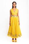Buy_Prevasu_Yellow Georgette Logo, Sequin And Mirror Work Plunge V Printed Lehenga With Blouse _at_Aza_Fashions