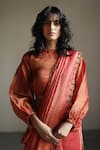 Buy_Mimamsaa_Red Tissue Silk Woven Textured High Neck Ursula Puff Sleeve Blouse _at_Aza_Fashions