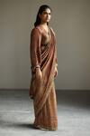 Buy_Mimamsaa_Brown Tissue Silk Woven Textured V Neck Francisca Puff Sleeve Blouse _at_Aza_Fashions
