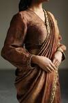 Buy_Mimamsaa_Brown Tissue Silk Woven Textured V Neck Francisca Puff Sleeve Blouse _Online_at_Aza_Fashions