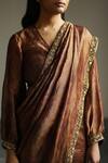 Shop_Mimamsaa_Brown Tissue Silk Woven Textured V Neck Francisca Puff Sleeve Blouse _Online_at_Aza_Fashions